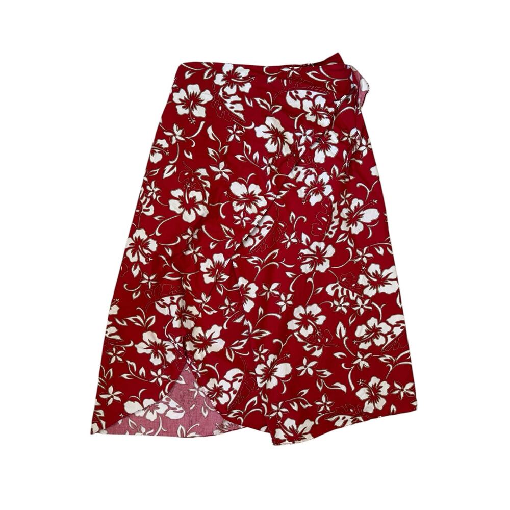 HILO HATTIE Red Tropical Floral Queen Size Wrap Skirt Made in Hawaii Hula Luau